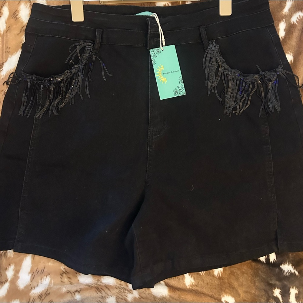 Black Fringe Denim Shorts